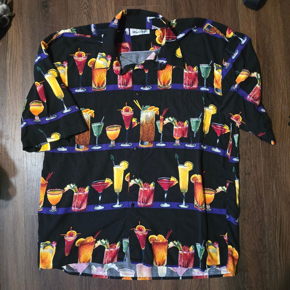 Monticerutti Original VTG Hawaiian Shirt XXL Rayon Black Cocktail Tropical Drink